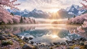 Cherry blossom trees bloom beautifully as delicate pink petals fall in soft morning light.