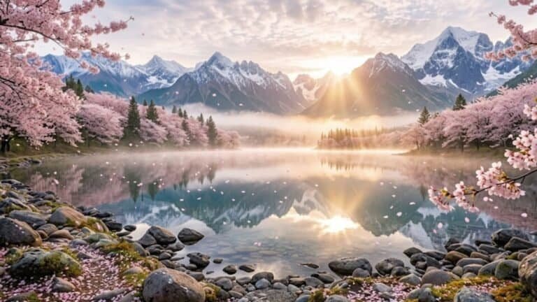 Cherry blossom trees bloom beautifully as delicate pink petals fall in soft morning light.