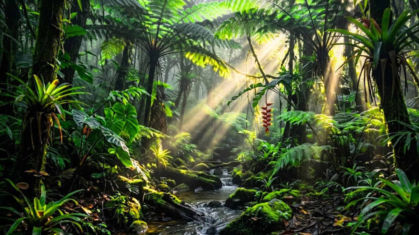 Dense tropical rainforest with sun rays piercing through mist, hyper-realistic foliage, 8K nature photography