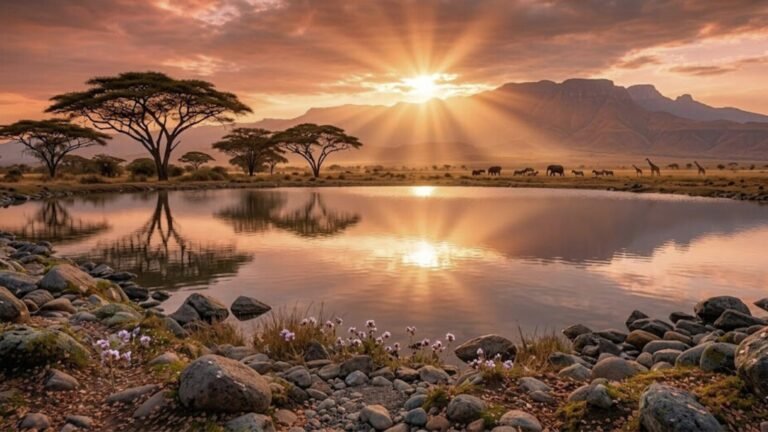 Golden sunlight spreads across the African savannah as acacia trees stand against a glowing sunset sky