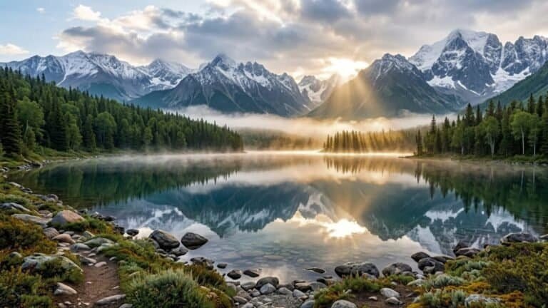 A crystal lake mountains and lush forests creates a mirror reflection across calm water.